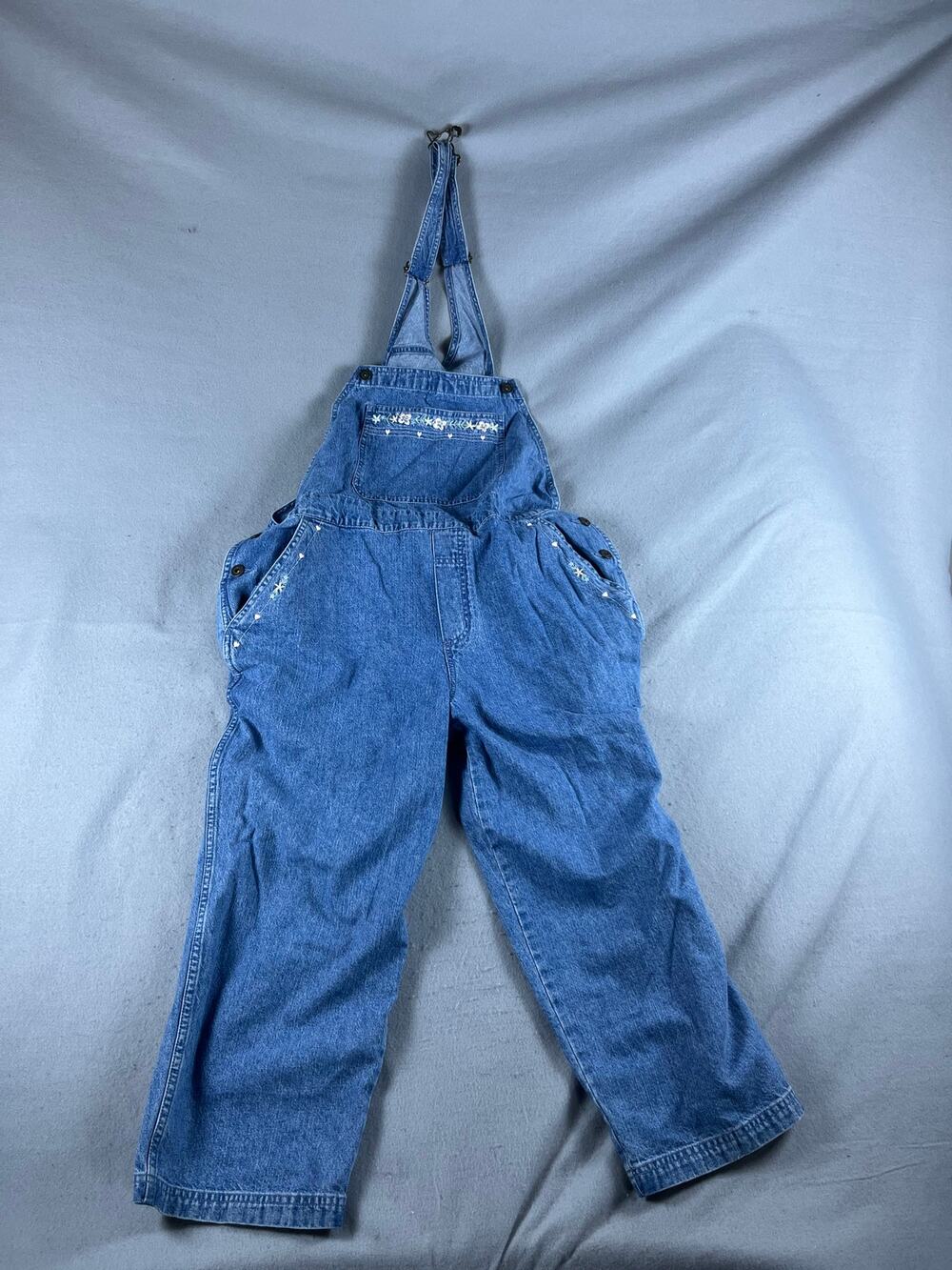 Vintage Christopher & Banks Denim Overalls Womens L Blue Floral Embroidered Work
